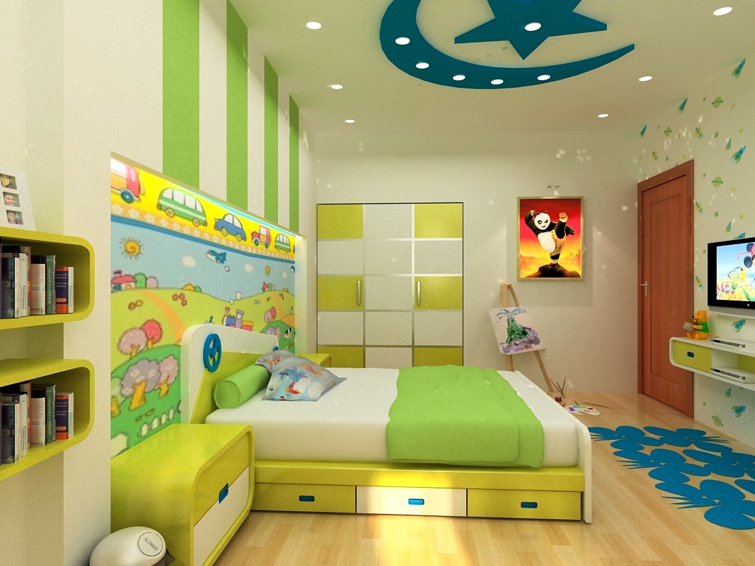Mẫu phòng ngủ hiện đại cho bé trai màu xanh lá     