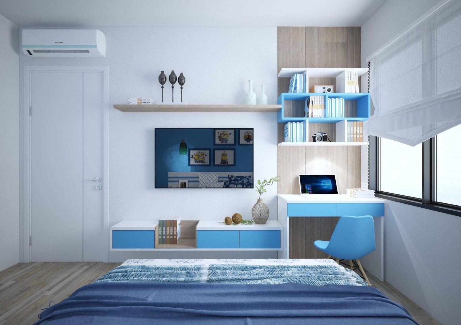 Mẫu thiết kế phòng ngủ bé trai màu xanh dương 
