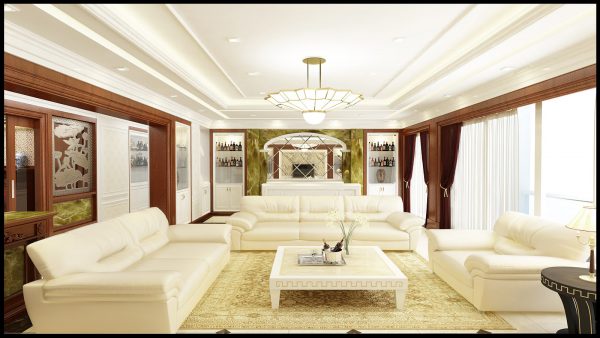 Trang trí nội thất phòng khách cổ điển với gam màu vàng trắng sang trọng