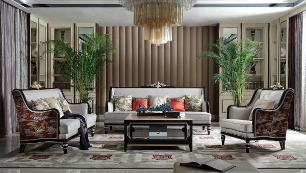 Ghế sofa và thảm trải sàn được phối hài hòa với họa tiết độc đáo. nội thất phòng khách biệt thự tân cổ điển