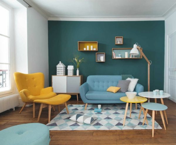 thiết kế nội thất phòng khách màu xanh