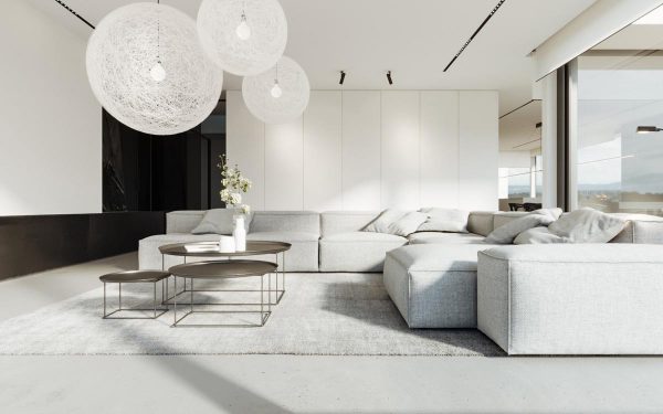 thiết kế nội thất phòng khách tối giản tông trắng