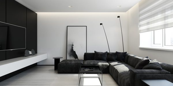 thiết kế nội thất phòng khách tối giản tông trắng đen