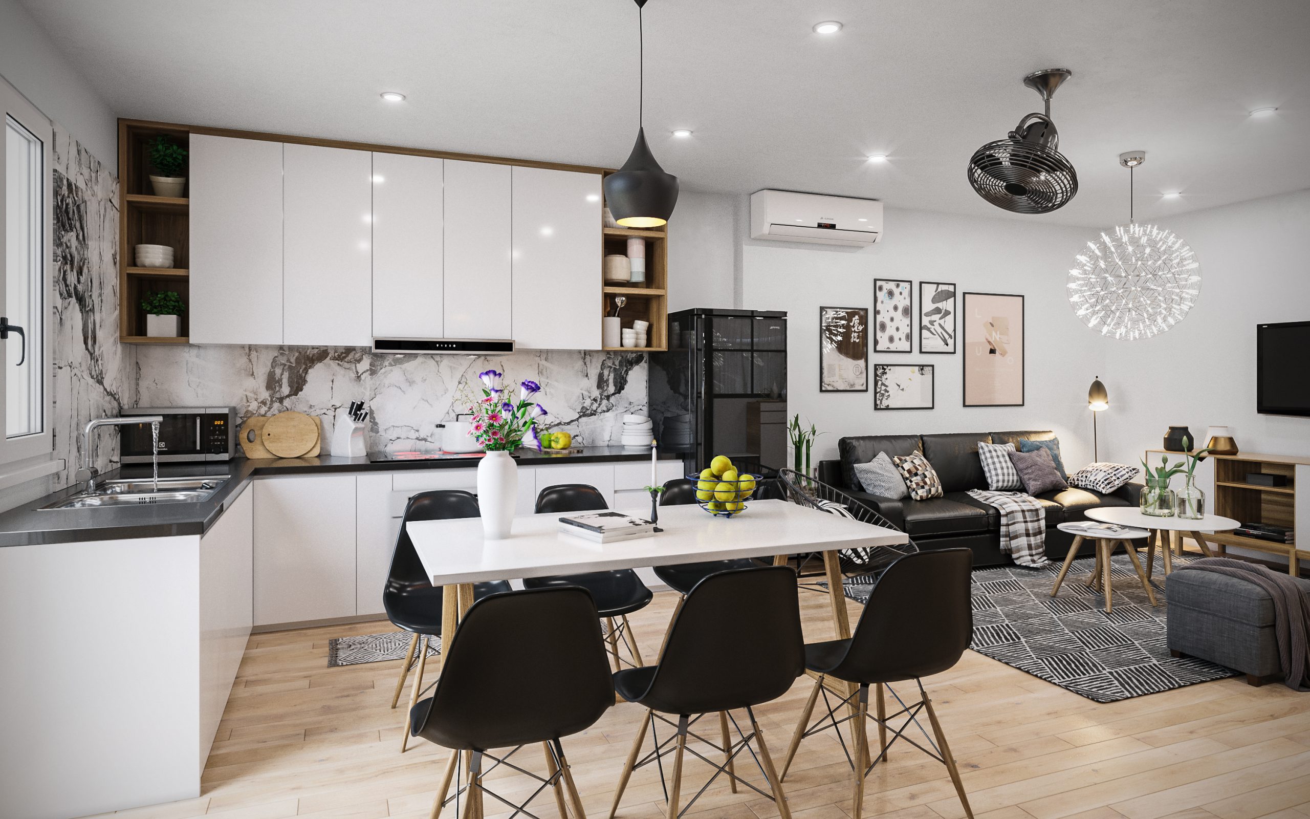 Không gian phòng khách liền bếp trong thiết kế Modernism