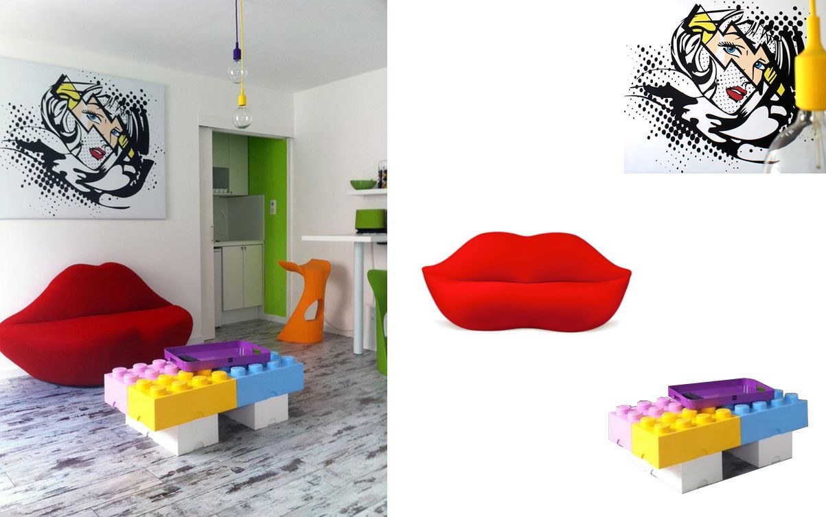 Chiếc bàn hình lego kết hợp với chiếc sofa độc đáo trong phong cách thiết kế nội thất Pop Art