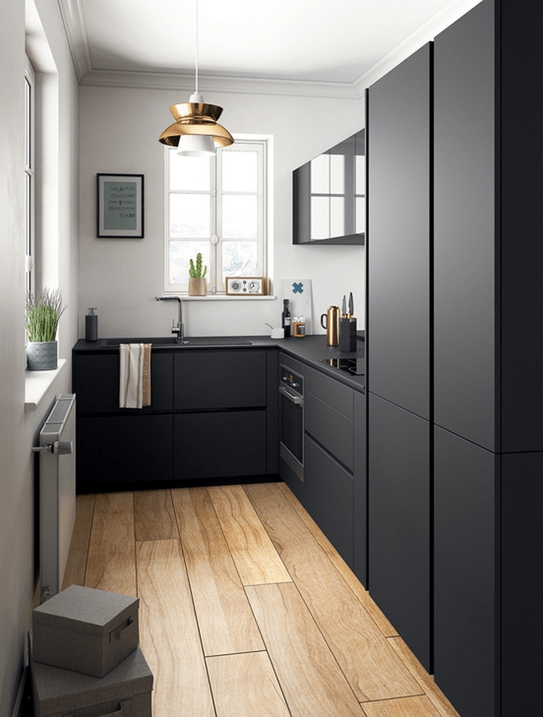 Thiết kế nội thất phòng bếp với 2 gam màu đen – trắng chủ đạo. 
