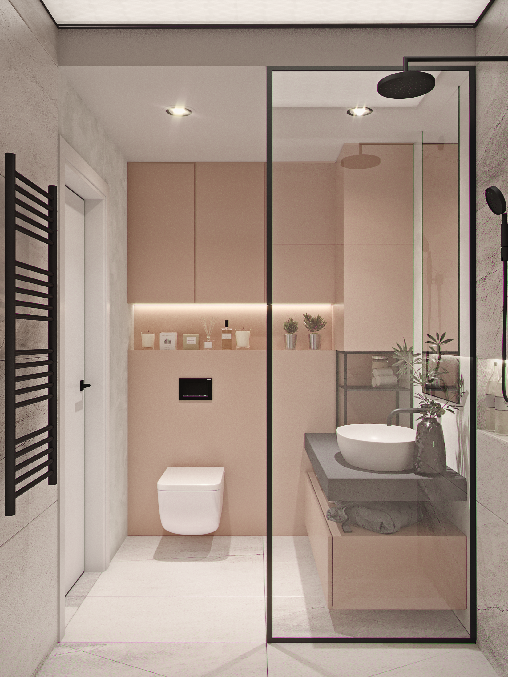 Nhà vệ sinh nhỏ đẹp, sang trọng với bồn cầu treo tường và nội thất phòng tắm gọn gàn sạch sẽ