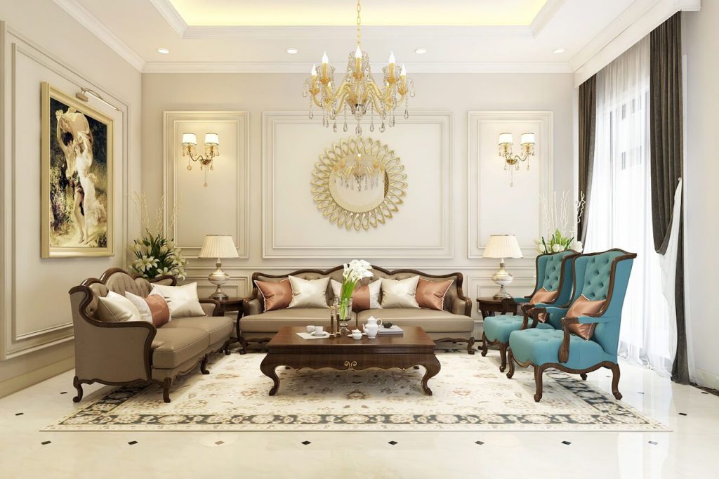 Căn phòng tạo điểm nhấn bởi bộ sofa thiết kế theo phong cách Pháp, màu sắc nhẹ nhàng tạo sự sang trọng, quý phái.