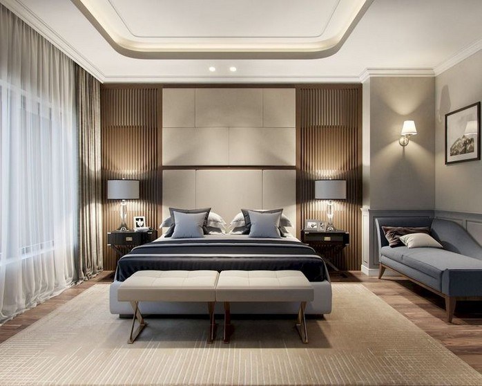 Những thanh gỗ dọc kết hợp bức tranh đầu giường tạo điểm nhấn cho căn phòng ngủ 