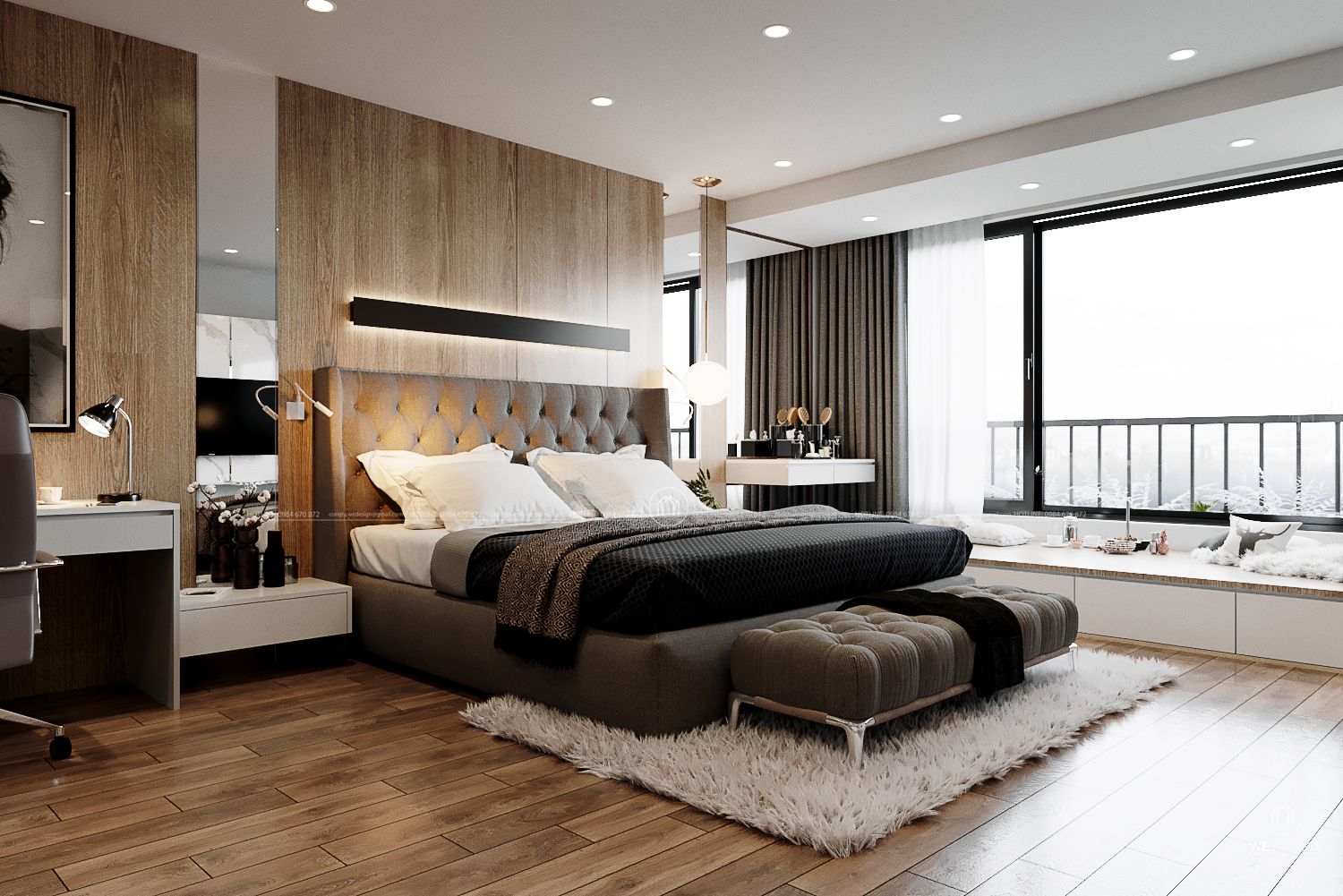 Thiết kế phòng ngủ Master nổi bật với phần đầu giường ốp gỗ. 
