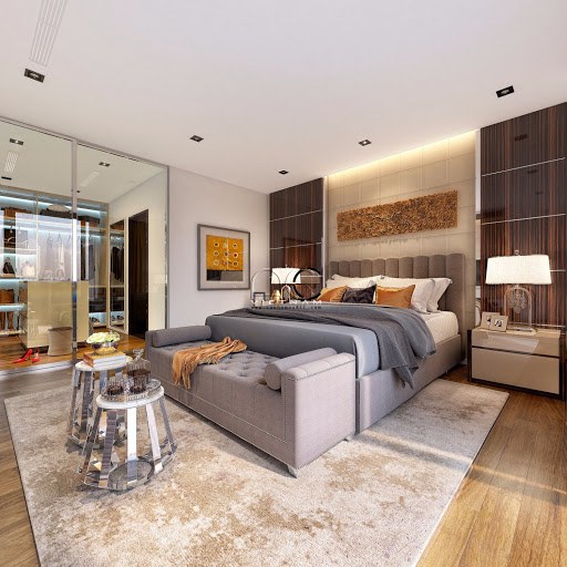 Ngoài sàn gỗ, thảm trải sàn cũng là một thiết kế khá được ưa chuộng trong phòng ngủ master.