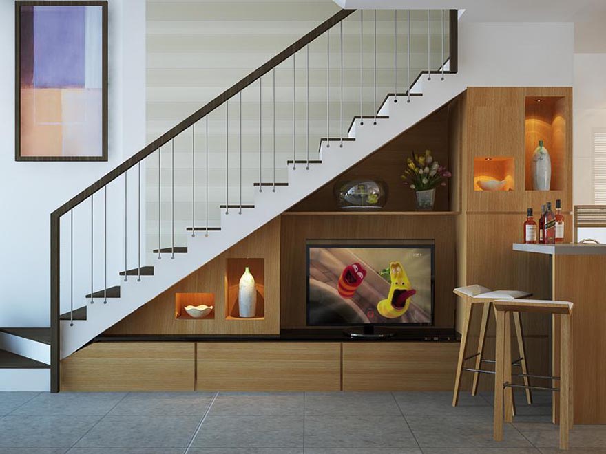 Thiết kế kệ tivi dưới gầm cầu thang cũng là ý tưởng tiết kiệm không gian độc đáo cho nhà phố nhỏ