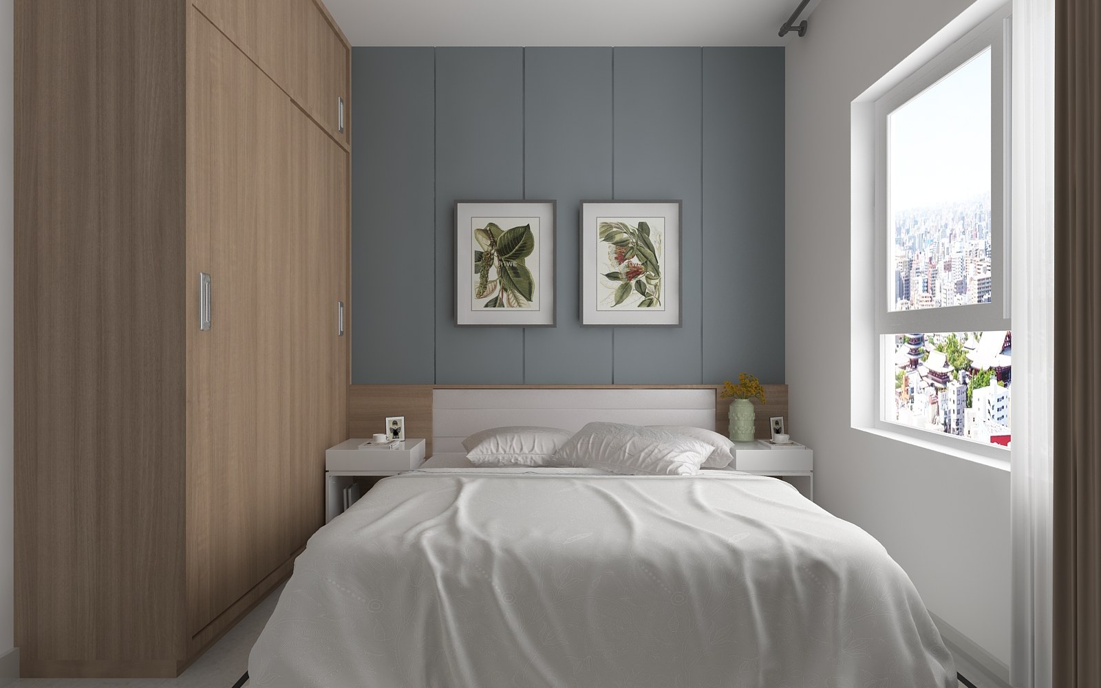 Thiết kế nội thất căn hộ chung cư 2 phòng ngủ. Các gam màu trắng, xanh xám và nội thất gỗ kết hợp khéo léo tạo cảm giác thoải mái và ấm áp nhất cho chủ nhân căn phòng.