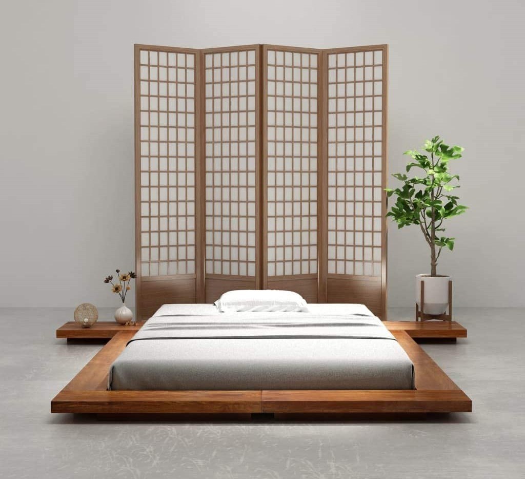 giường ngủ sản kiểu Nhật với bài trí cây cảnh trong không gian nội thất