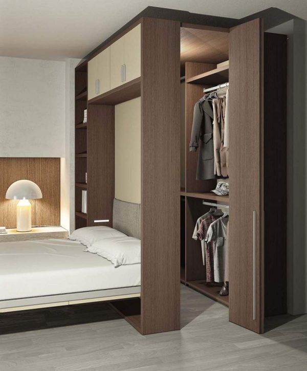 Giường ngủ thông minh kết hợp tủ quần áo với tông màu trầm