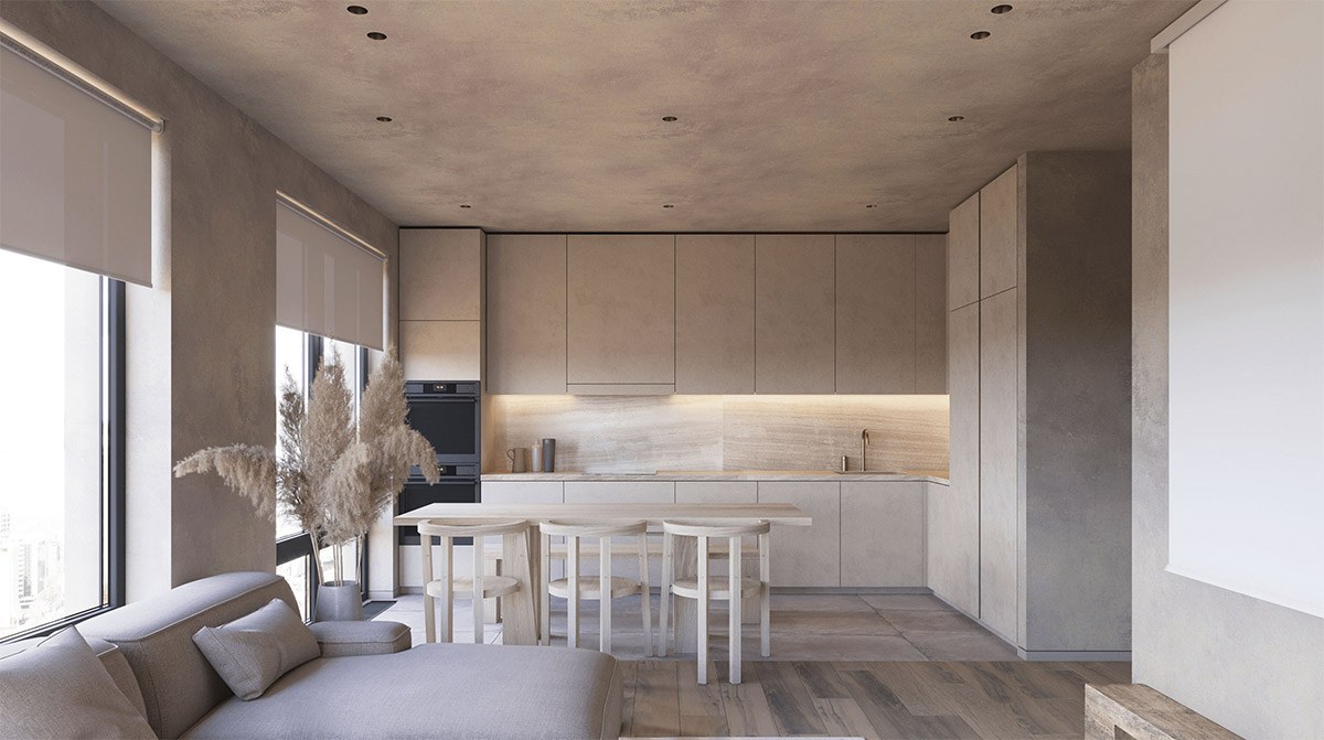Hệ tủ bếp cùng tông màu với tường và sàn, như hòa lẫn vào tổng thể không gian