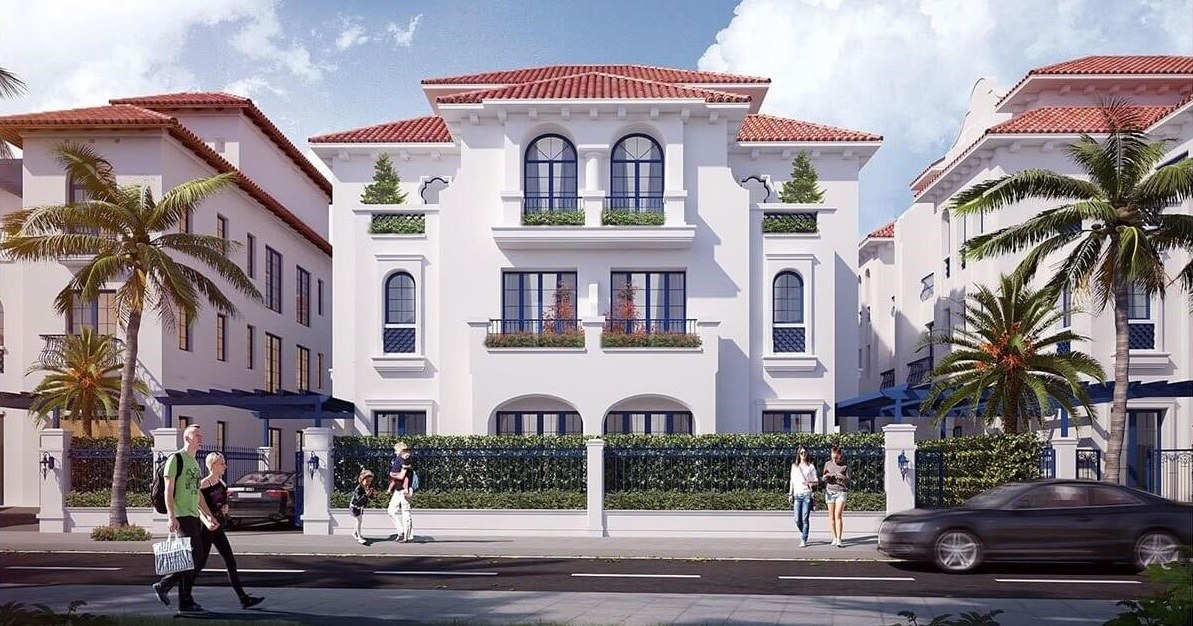 Biệt thự song lập 3 tầng kiểu Địa Trung Hải đẹp với màu trắng nhẹ nhàng điểm tô thêm những khung cửa màu xanh, mái ngói đỏ nung màu đỏ