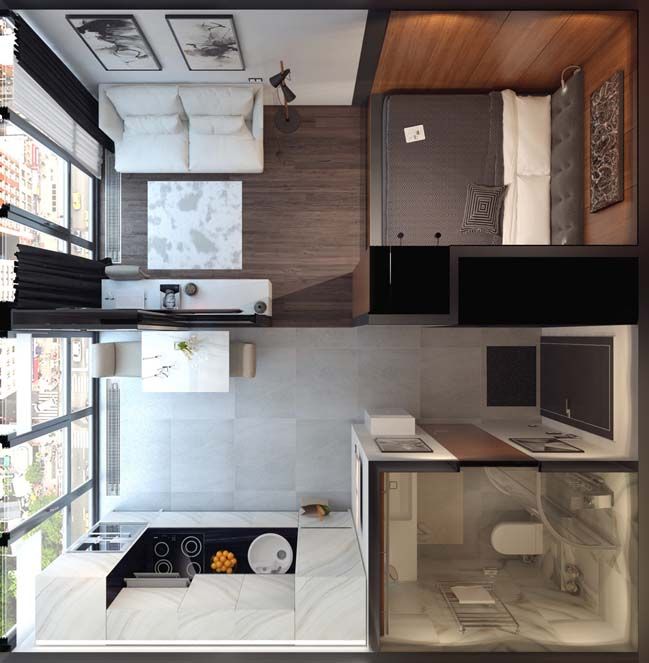Studio căn hộ nhỏ được kết hợp phòng bếp, phòng khách, phòng ngủ