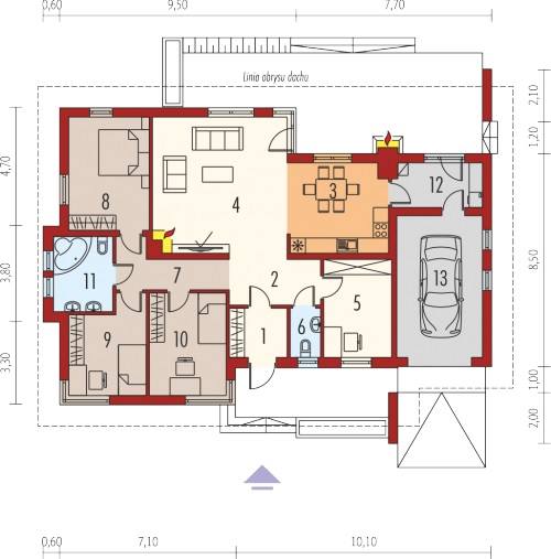 Bản vẽ nhà 1 tầng 3 phòng ngủ với gara để xe thông thoáng, các phòng đều đảm bảo sự gọn gàng