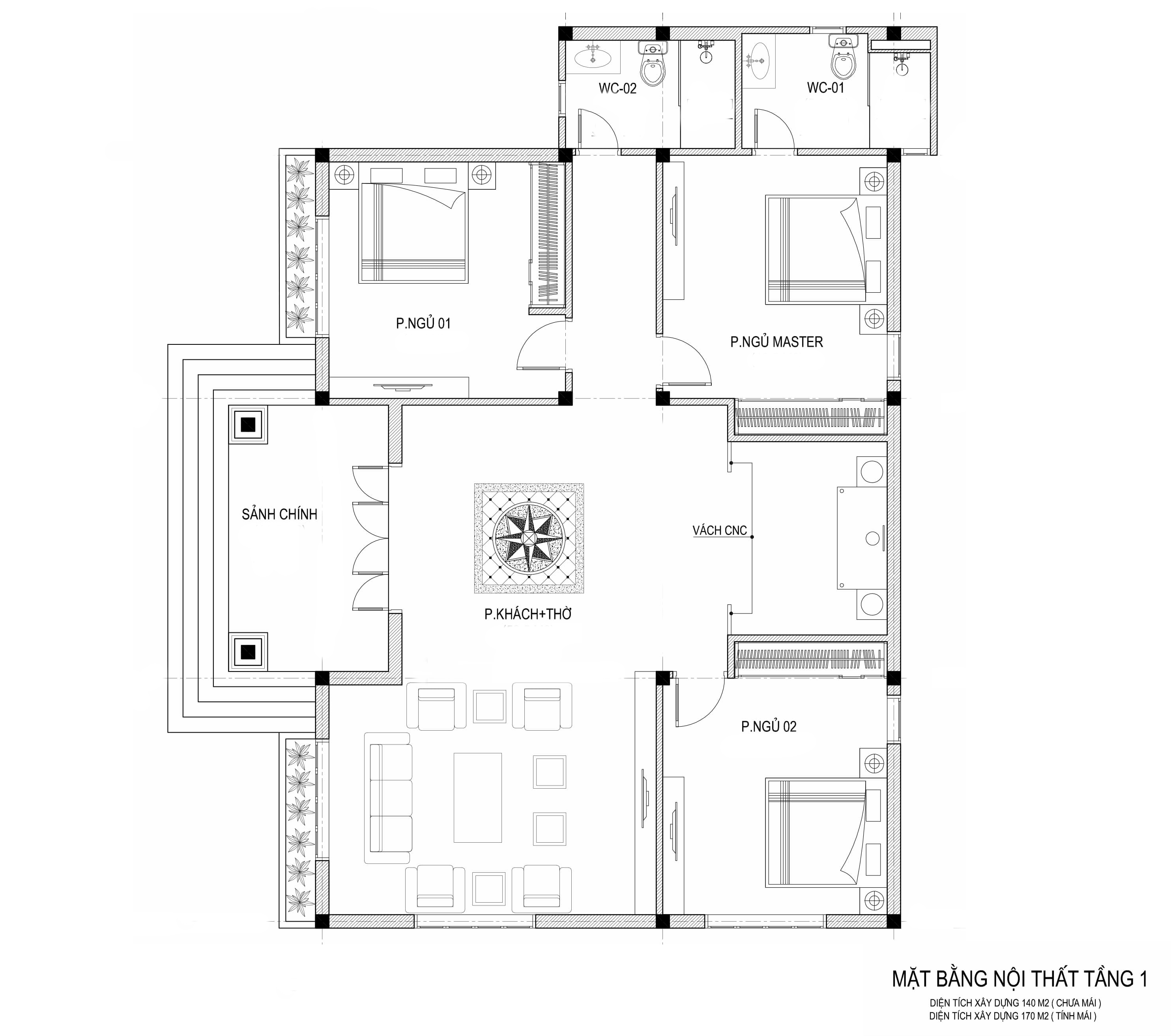 Mẫu nhà biệt thự 1 tầng mái thái 2 phòng ngủ 130m2 (CĐT:Anh Lực – Đồng Nai)  BT12072
