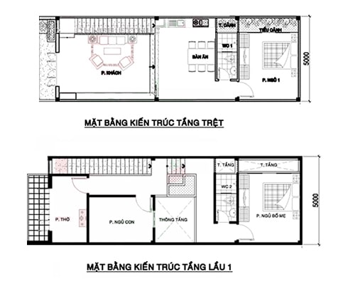 mẫu nhà 2 tầng mái thái 5x15