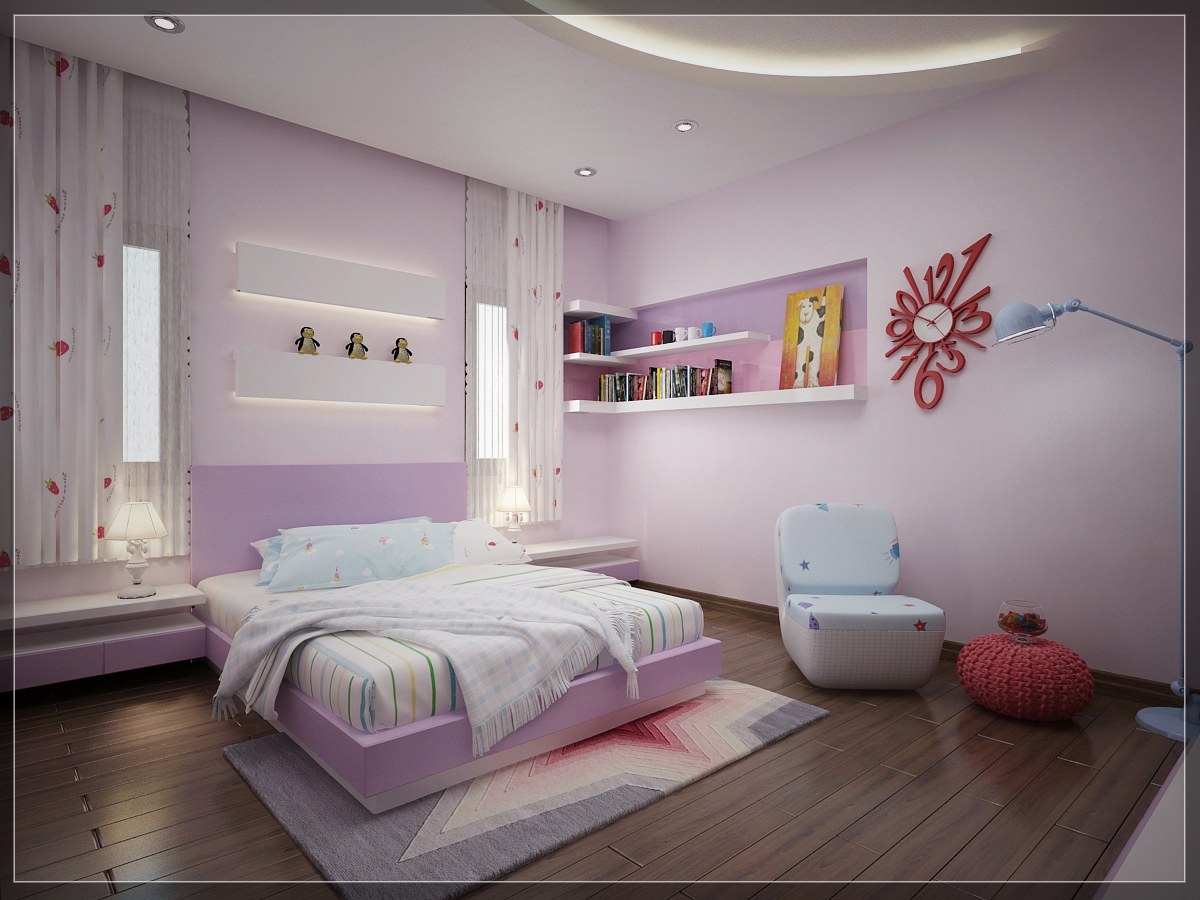 Ở một thiết kế phòng ngủ khác , sử dụng màu tím nhẹ nhàng làm chủ đạo kết hợp cùng những họa tiết trang trí màu sắc sinh động cộng hưởng thêm những chiếc kệ thông minh nhằm nhỏ xinh đã đưa đến một không gian nghỉ ngơi tuyệt vời