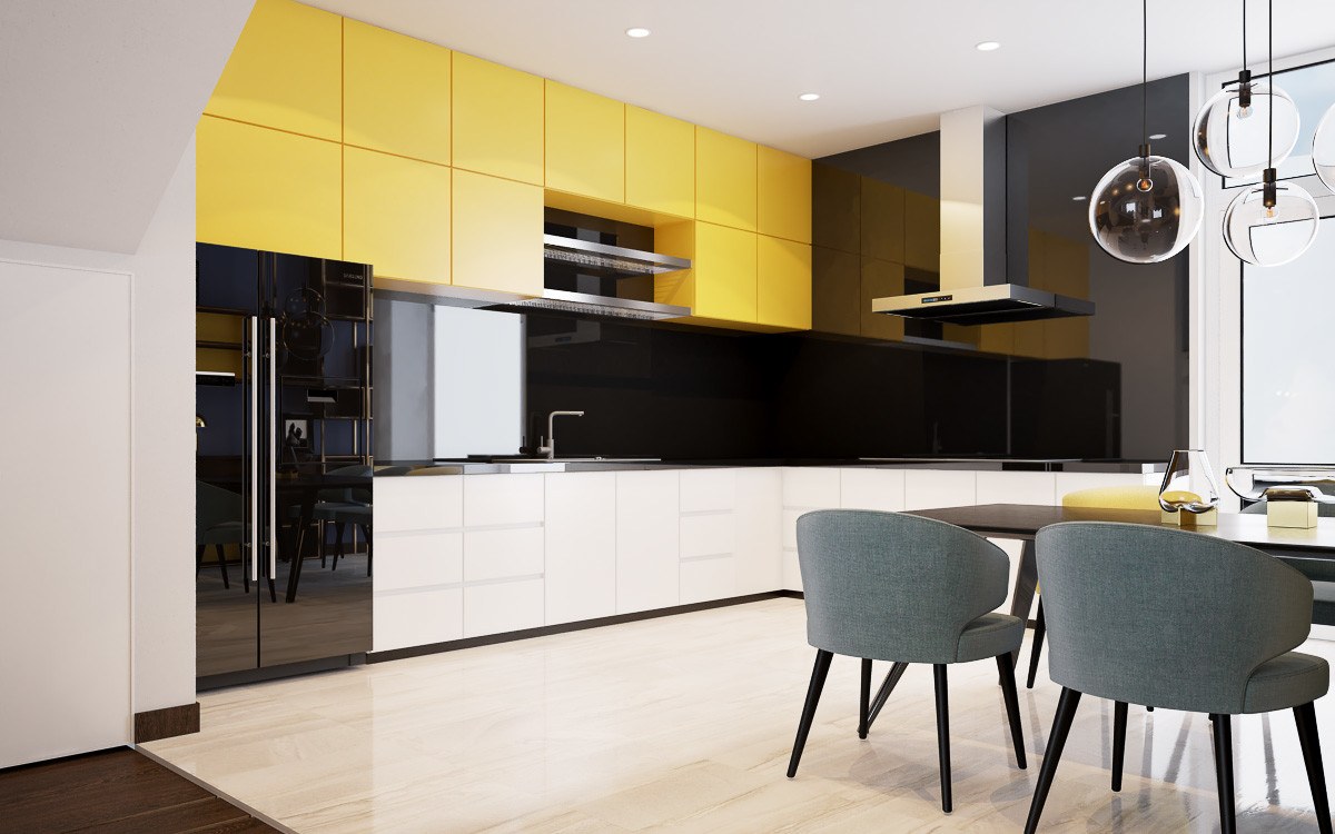 Thiết kế tủ bếp hình chữ L ôm sát tường tối ưu được góc chết hiệu quả nhằm tăng thêm không gian lưu trữ đồ đạc trong nhà bếp được gọn gàng
