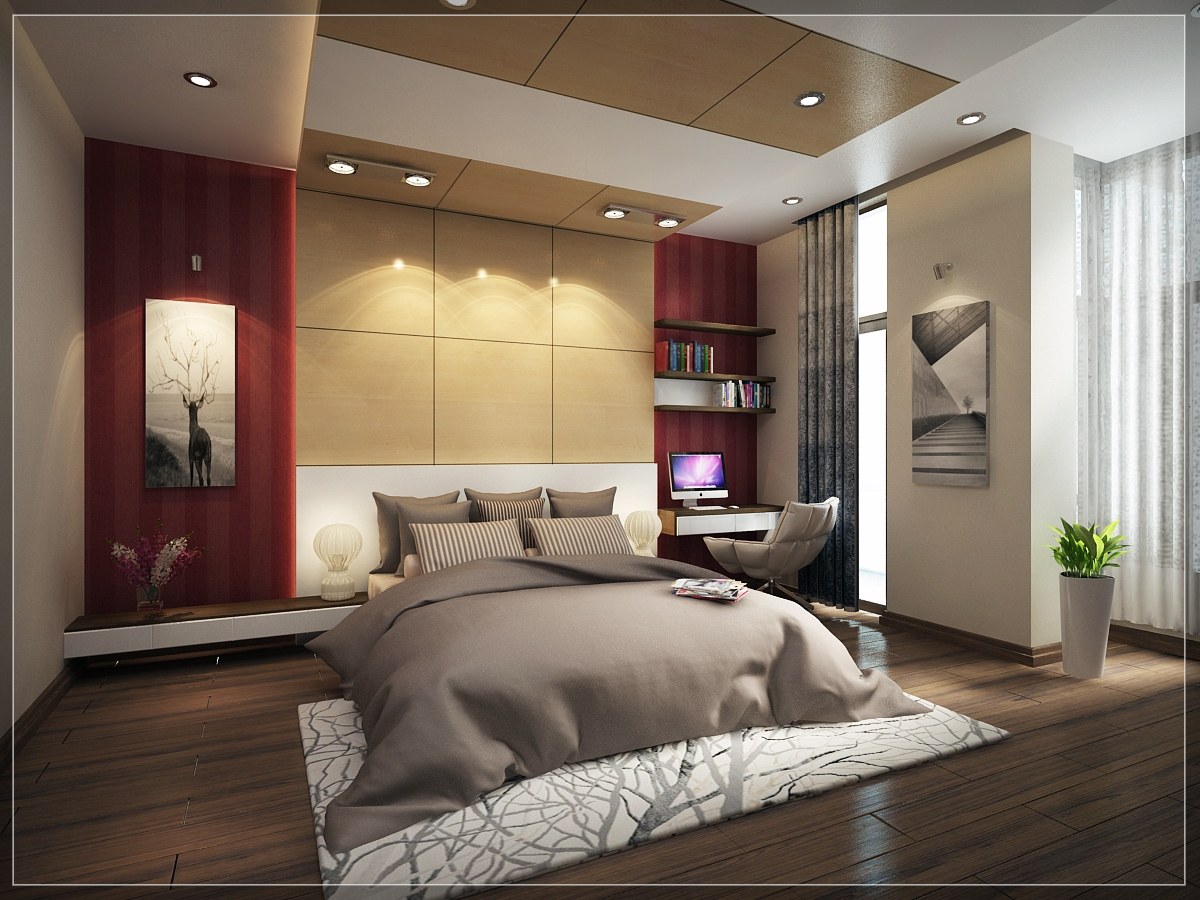 Phòng ngủ của thiết kế nhà ống 1 trệt 1 lầu 5x20 sử dụng gam màu xám ấm áp sang trọng thêm vào đó chút đỏ từ giấy dán tường tăng thêm vẻ đẹp quyến rũ nồng nàn