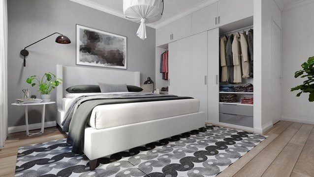 thiết kế phòng ngủ 24m2 tối giản với nội thất chỉ có giường và tủ quần áo tiện nghi