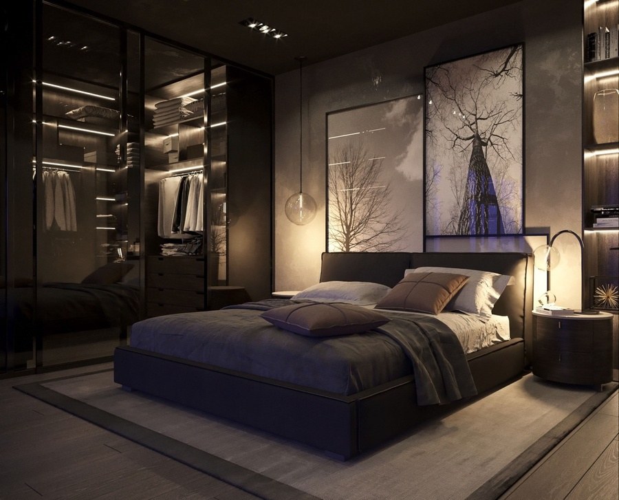 Phòng ngủ thiết kế hiện đại với tông màu tối