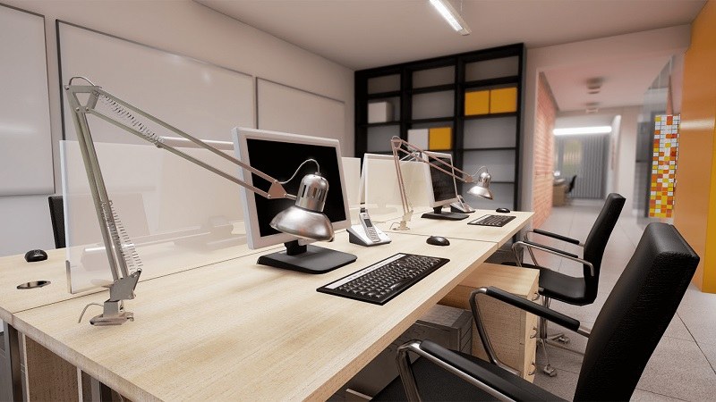Đây là mẫu văn phòng thiết kế đơn giản với chất liệu gỗ màu be và ghế khung inox bọc nỉ màu đen