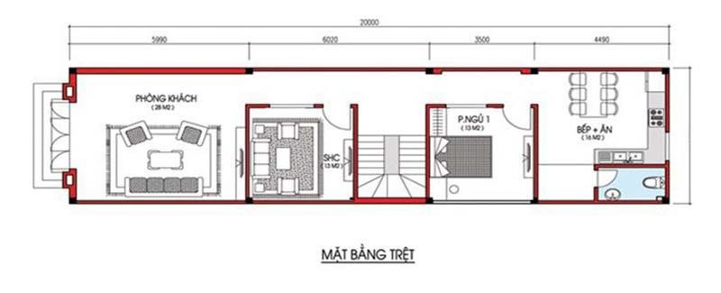 mẫu nhà 2 tầng 3 phòng ngủ 5x20m