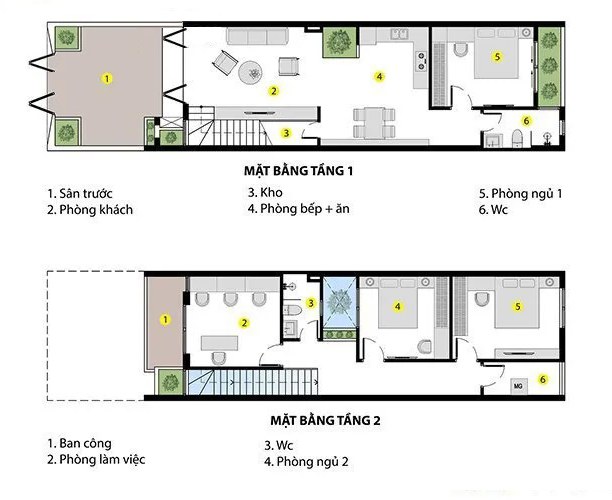   Mặt bằng tầng 1 và 2 nhà 2 tầng 3 phòng ngủ 5x10