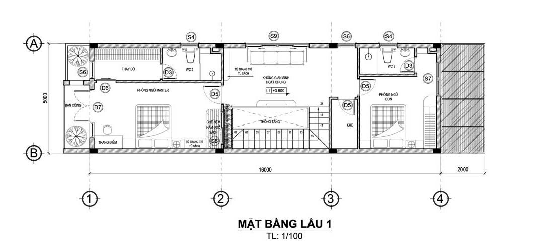 mẫu nhà 2 tầng 3 phòng ngủ 5x16m