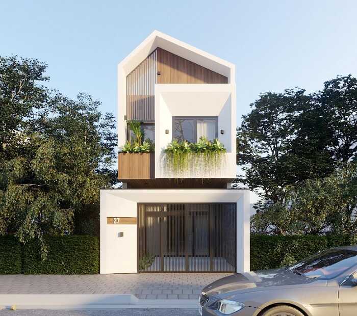 thiết kế nhà 2 tầng 60m2 5x12m khoác lên mình một màu trắng nhẹ nhàng kết hợp với những mảng gỗ mộc mạc