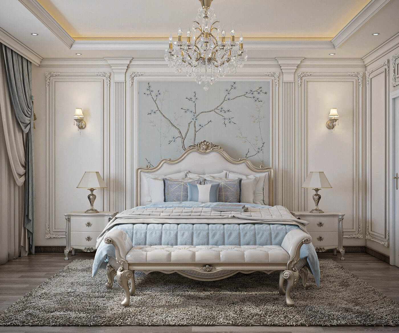 Màu trắng xám nhẹ nhàng được sử dụng làm gam màu chủ đạo cho phòng ngủ của thiết kế biệt thự 2 tầng đẹp 