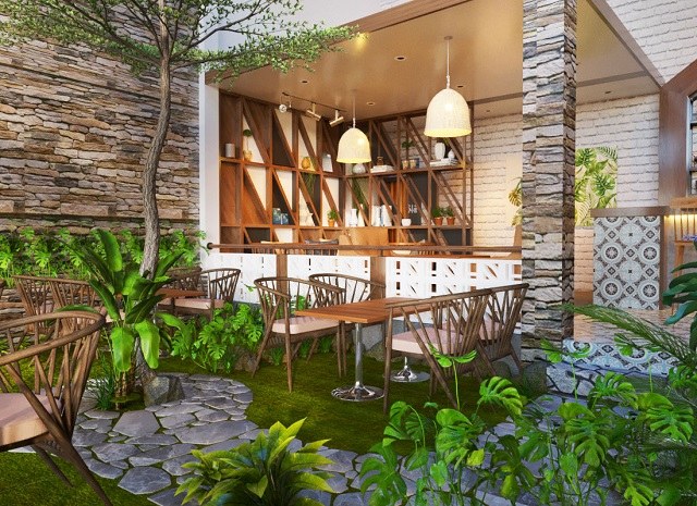 thiết kế quán cà phê sân vườn đẹp với những chất liệu mộc mạc, hơi hướng truyền thống