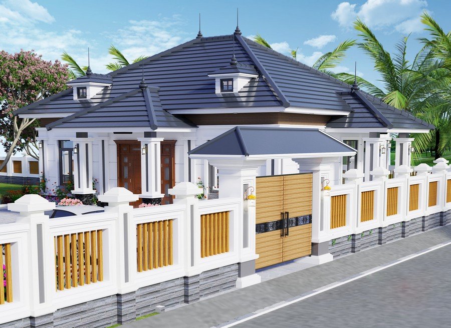 Ngôi nhà được hoàn thiện từ thiết kế cổng chính cho đến phối cảnh kiến trúc tổng thể.