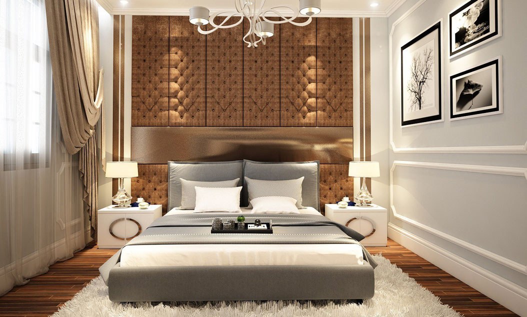 Phòng ngủ phong cách tân cổ điển với nội thất màu trầm