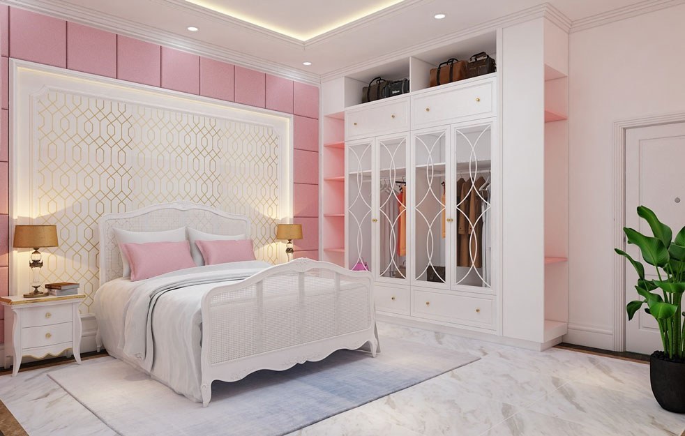 Phòng ngủ cho bé với bộ chăn gối màu hồng siêu đáng yêu