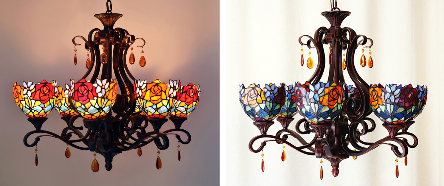 Mẫu đèn chùm quán cà phê Tiffany với những mảng kính màu tạo nên vẻ đẹp riêng biệt