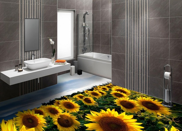 Không gian phòng tắm ấn tượng với tâm điểm là mẫu gạch lát nền 3D