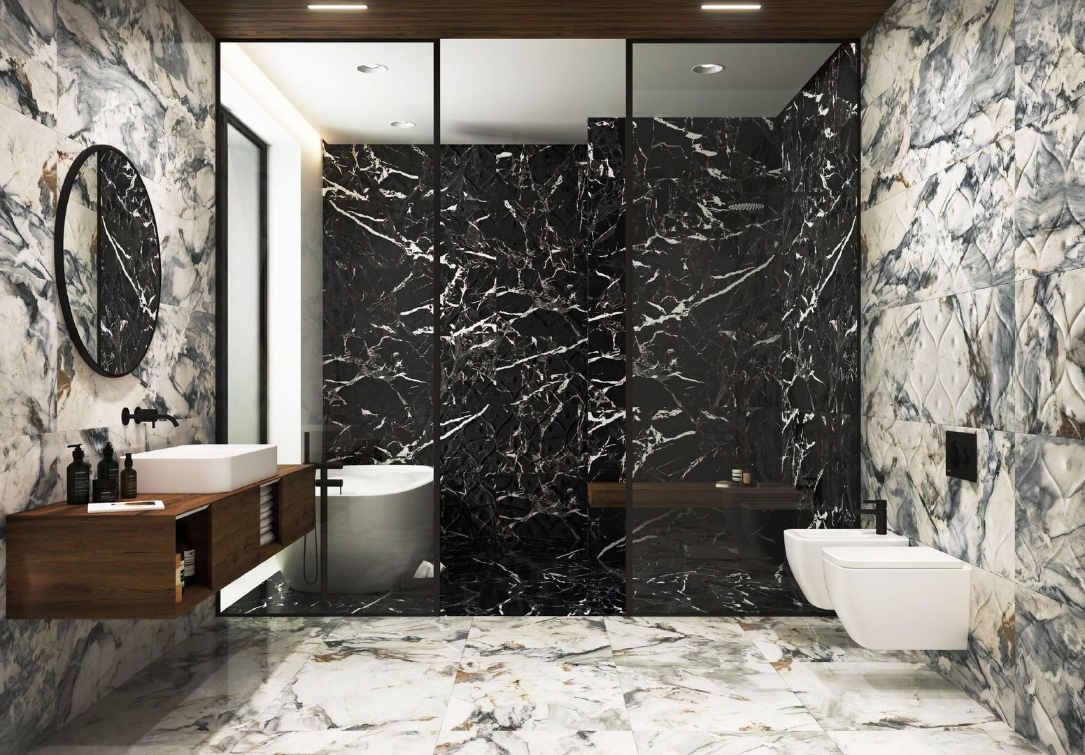 Không gian phòng tắm như được lột xác với mẫu gạch 3D vân đá
