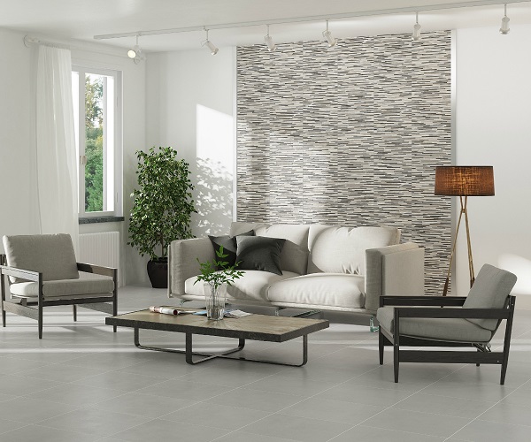 Phòng khách thiết kế theo phong cách hiện đại rất phù hợp cách phối màu gạch ốp lát màu xám