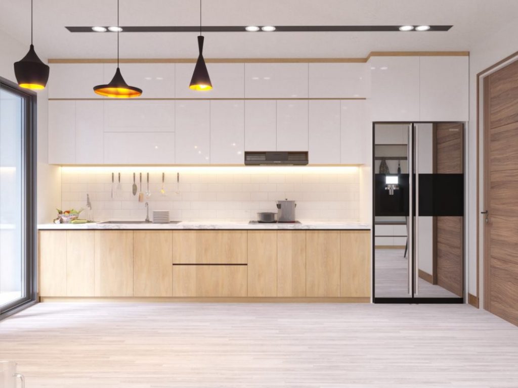 Phòng bếp chung cư hiện đại với cách phối màu sắc độc đáo