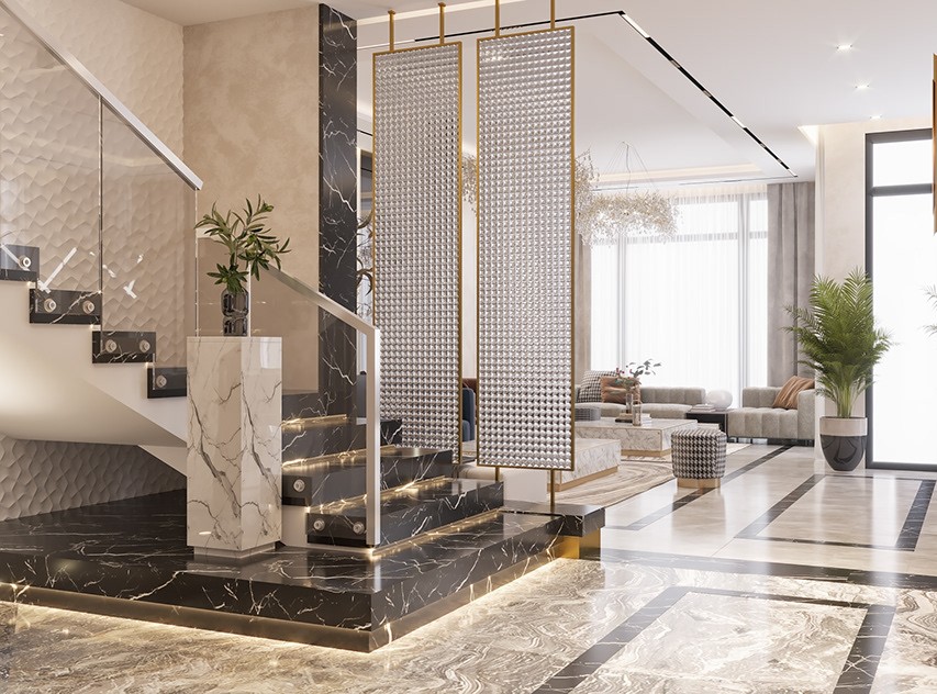 Thiết kế vách mica khung kim loại mạ vàng trang trí cầu thang phòng khách biệt thự đẹp sang trọng
