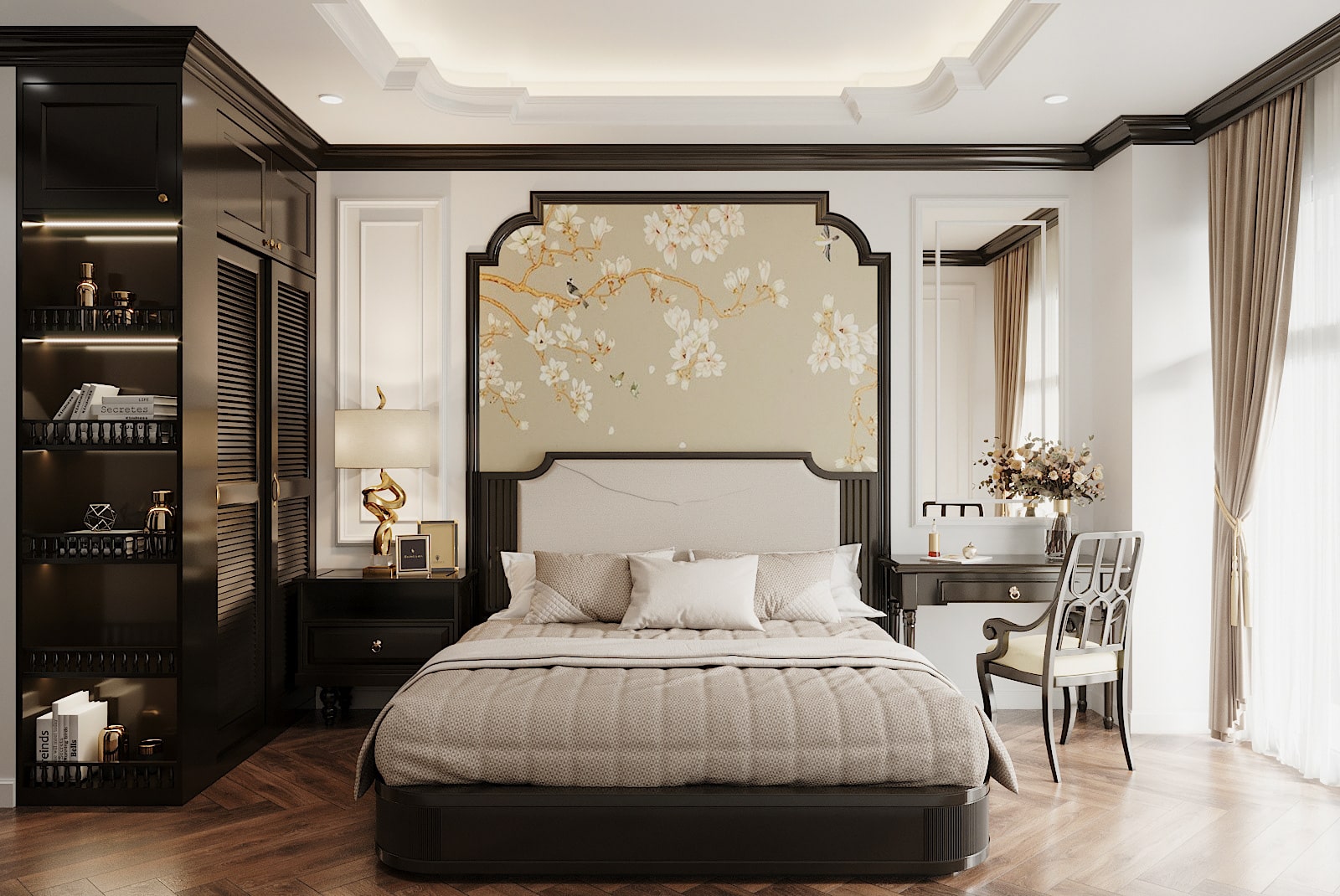 Các họa tiết trang trí phòng ngủ phong cách Indochine vô cùng độc đáo và sang trọng