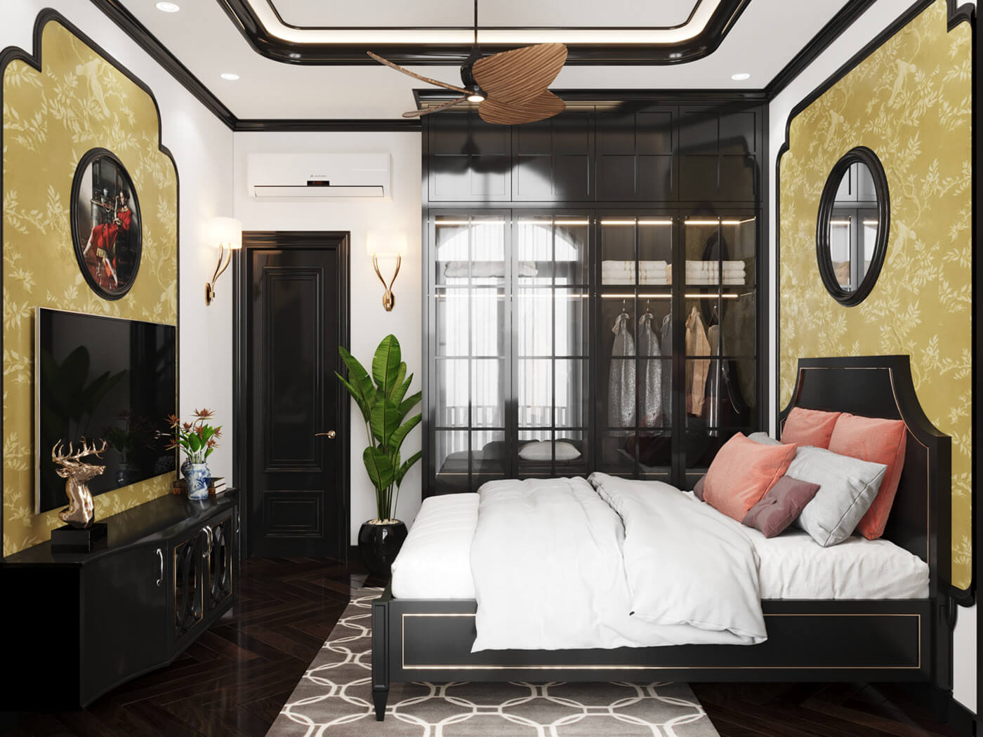 Phòng ngủ Đông Dương được trang trí với các món nội thất mang hơi hướng hiện đại