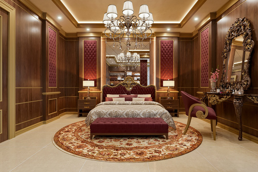 Thiết kế phòng ngủ kiểu hoàng gia sang trọng với tone màu trầm