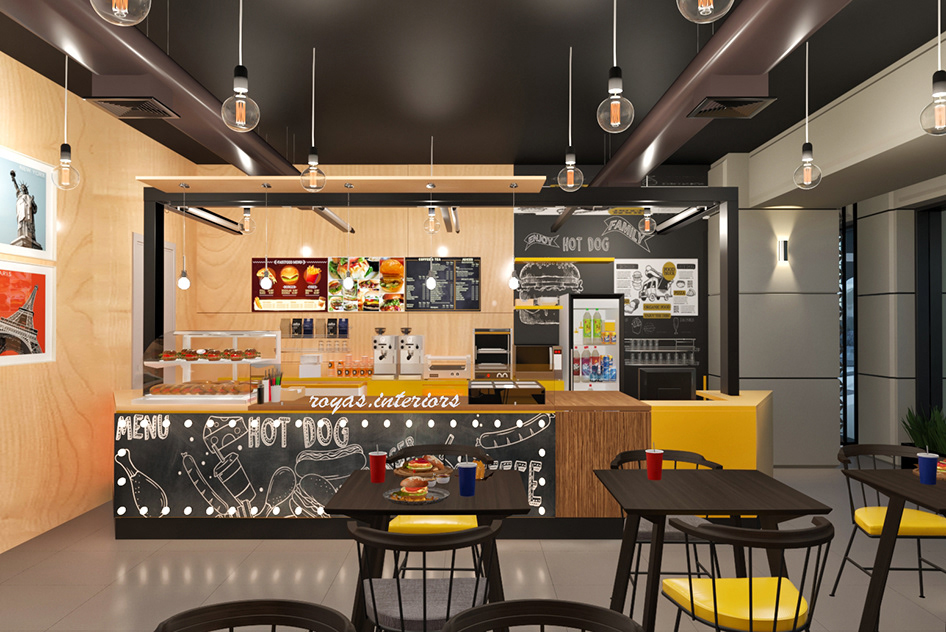Nhà hàng phục vụ đồ ăn nhanh có đặc điểm chung đó là phong cách thiết kế đơn giản, không gian nhỏ gọn
